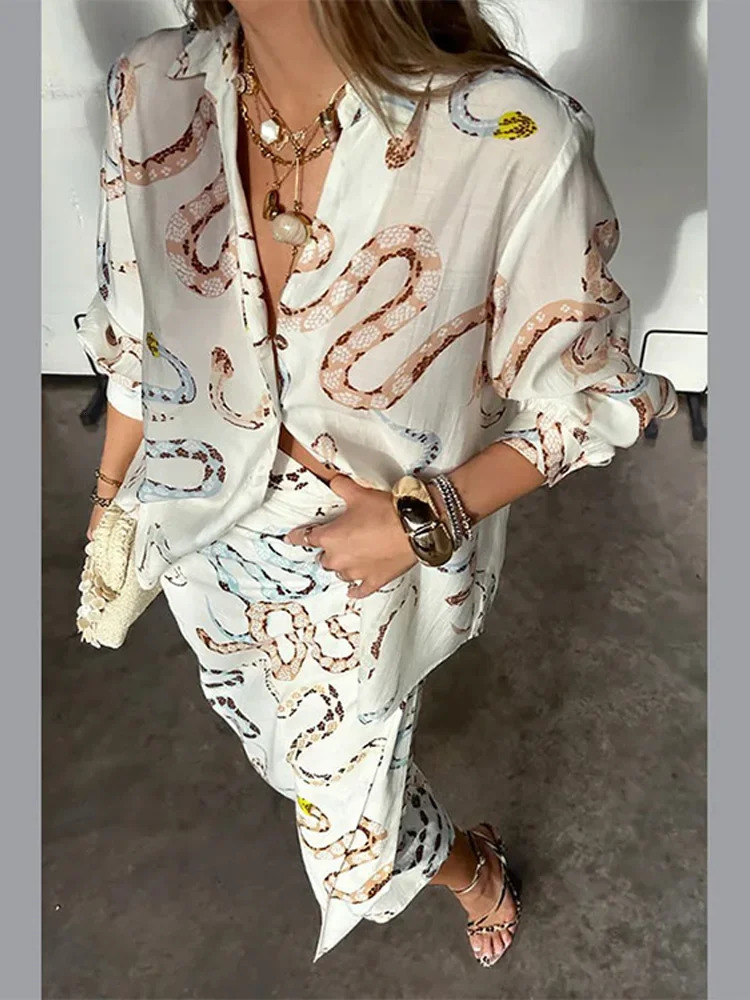 Snake Print Long Sleeve Shirt Split Skirt 2 Pcs Set Women Single Breasted Loose Lapel Short Dress Summer Chic Female Suits 240321