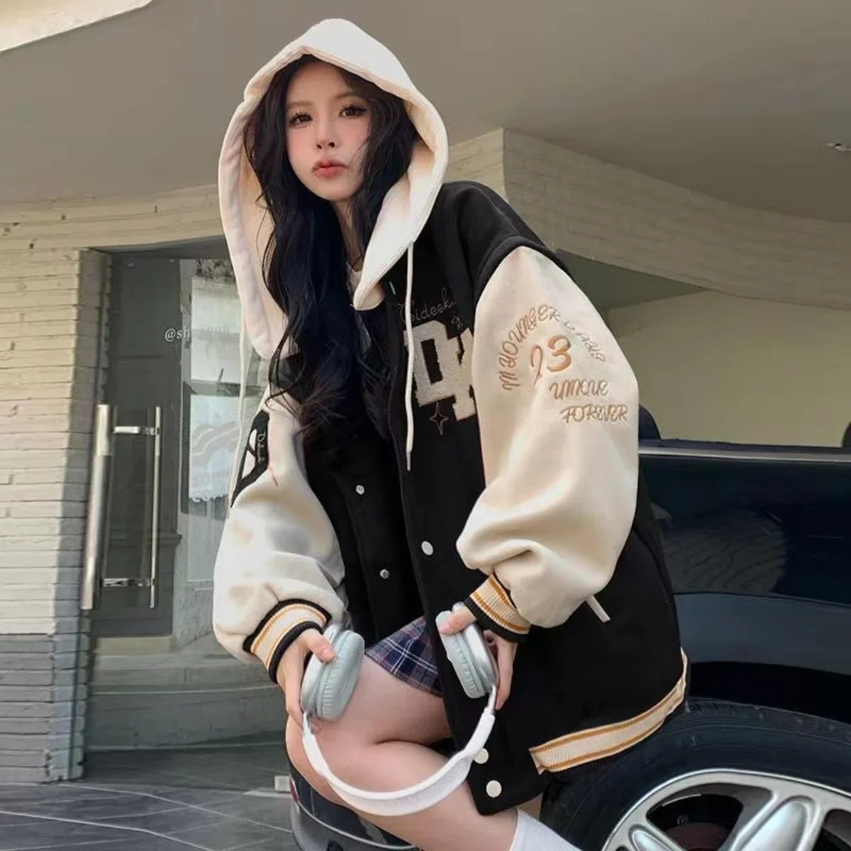 Embroidered Hooded Baseball 2025 Uniform Women's Winter 2023 new New Student Couple American Retro Plus Veet Casual Hooded Jacket Top