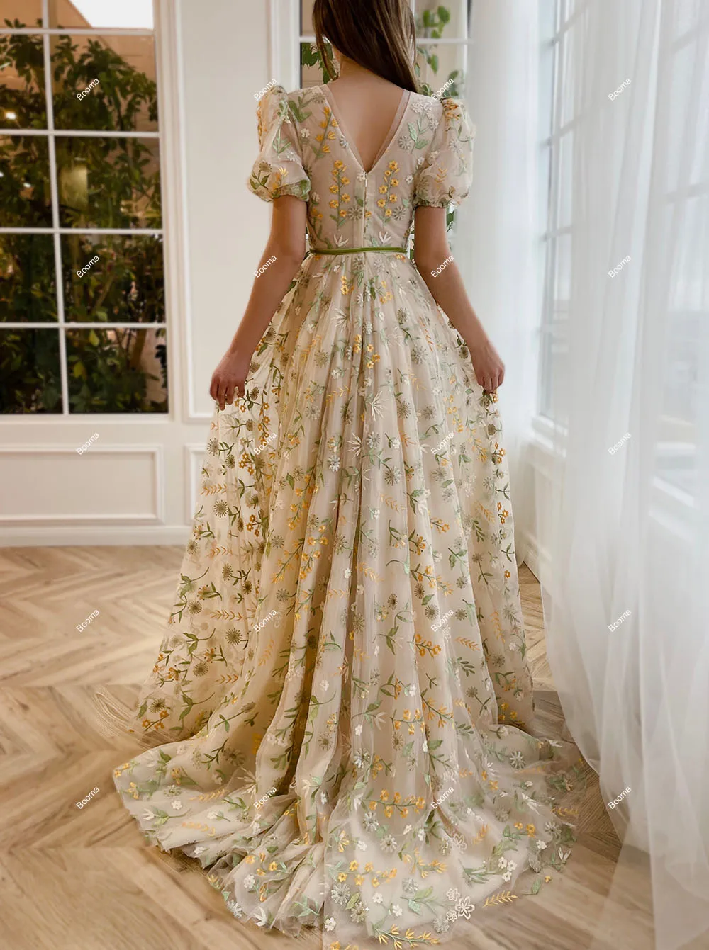 Booma A Line Embroidery Lace Prom Party Dresses Deep V Neck Short Puff Sleeves Evening Gowns for Women Homecoming Events Dresses