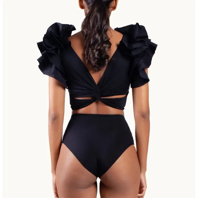 V-neck Black Bikini 2023 Ruffle Swimwear Women High Waist Swimsuit Printed Bathers Bathing Swimming Swim Suit Beachwear