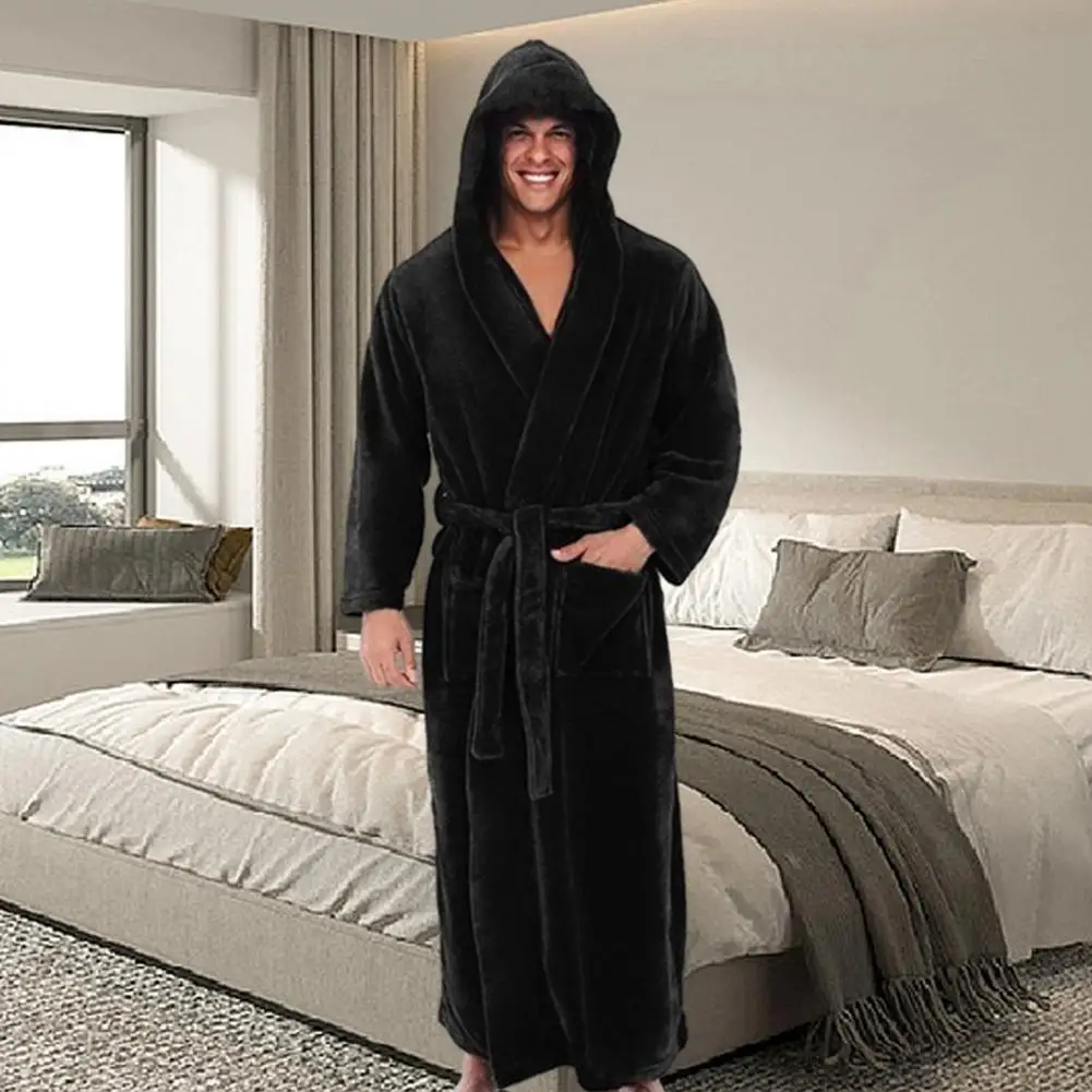 High-quality Bathrobe Super Soft Fluffy Men's Hooded Bathrobe with Adjustable Belt Highly Absorbent Solid Color Design