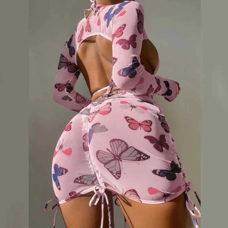 4Pc Swimsuit for Women Halter Bikinis 2025 Lace Up Swimwear with Beach-Skirt Sexy Butterfly-Print Bathing new Suit Beachwear Dropshipping