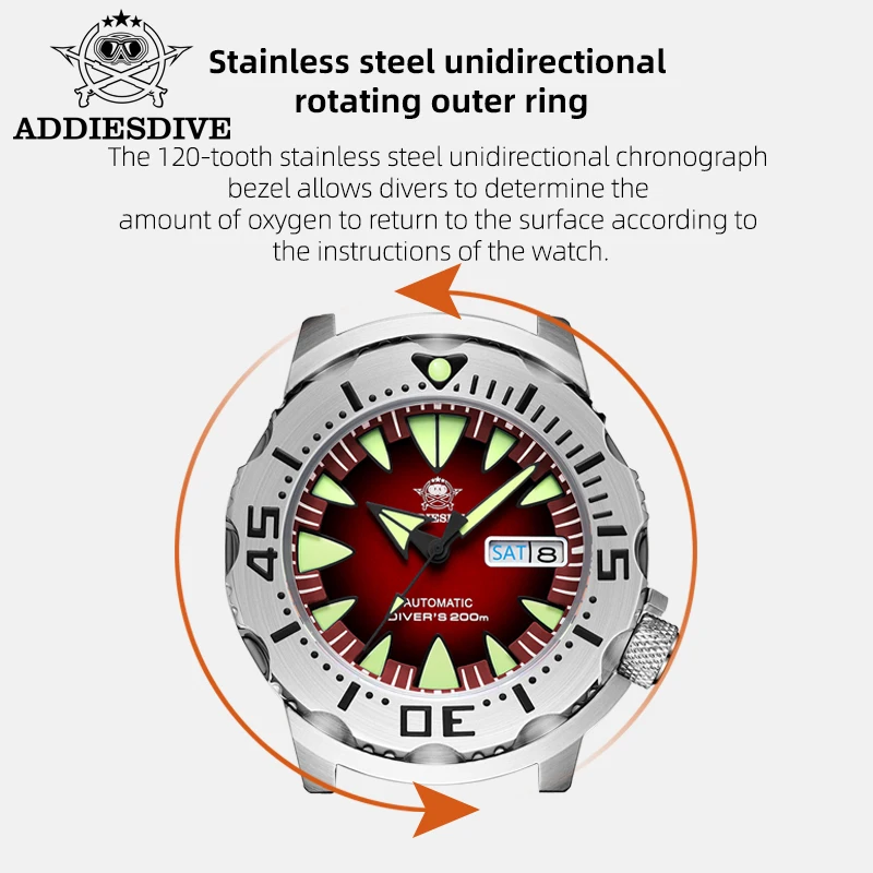 ADDIESDIVE Men's Monster Watches C3 Super Luminous Dial NH36 Sapphire Crystal 20Bar Diver Automatic Mechanical Watch reloj hombr