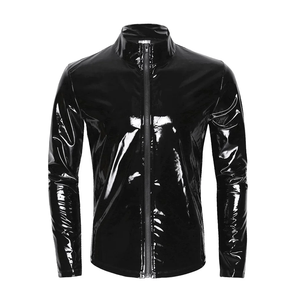 Big 7XL Mens Shirt Wetlook Leather Long Sleeve Zipper T-Shirt Sexy Dance Party Clubwear Male Shiny Metallic Leather Jacket Tops