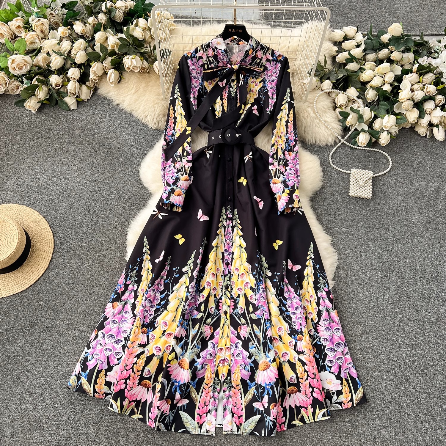 Basic Casual Dresses 2024 Summer Holiday Lavender Flower Dress Women Bow Collar Long Sleeve Floral Print Belt Single Breasted Belt Long