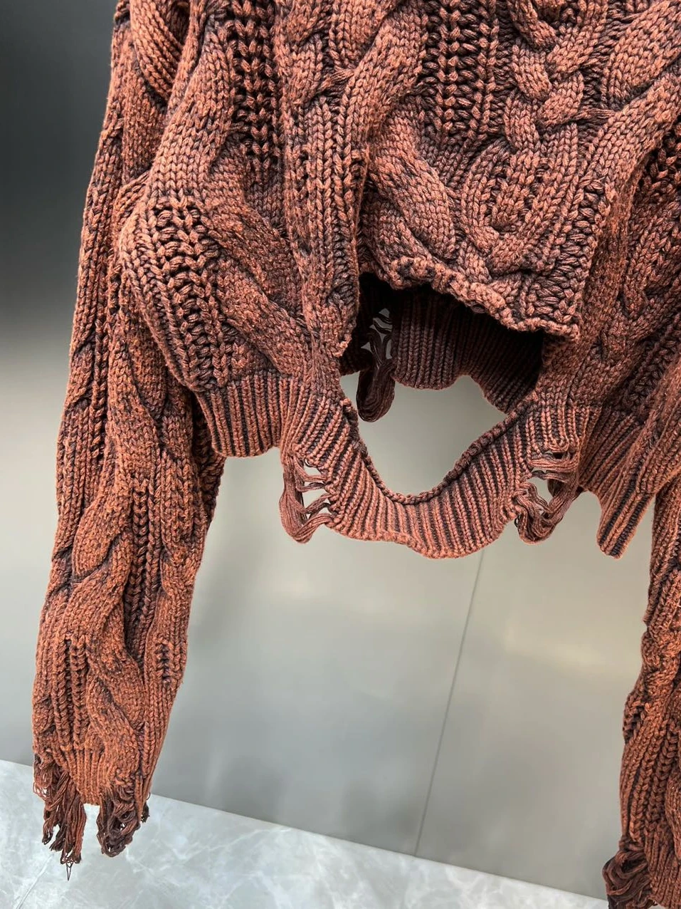 PREPOMP 2023 Autumn New Arrival Long Sleeve Round Neck Ripped Holes Loose Sweater Women Brown Knitting Pullover GL760