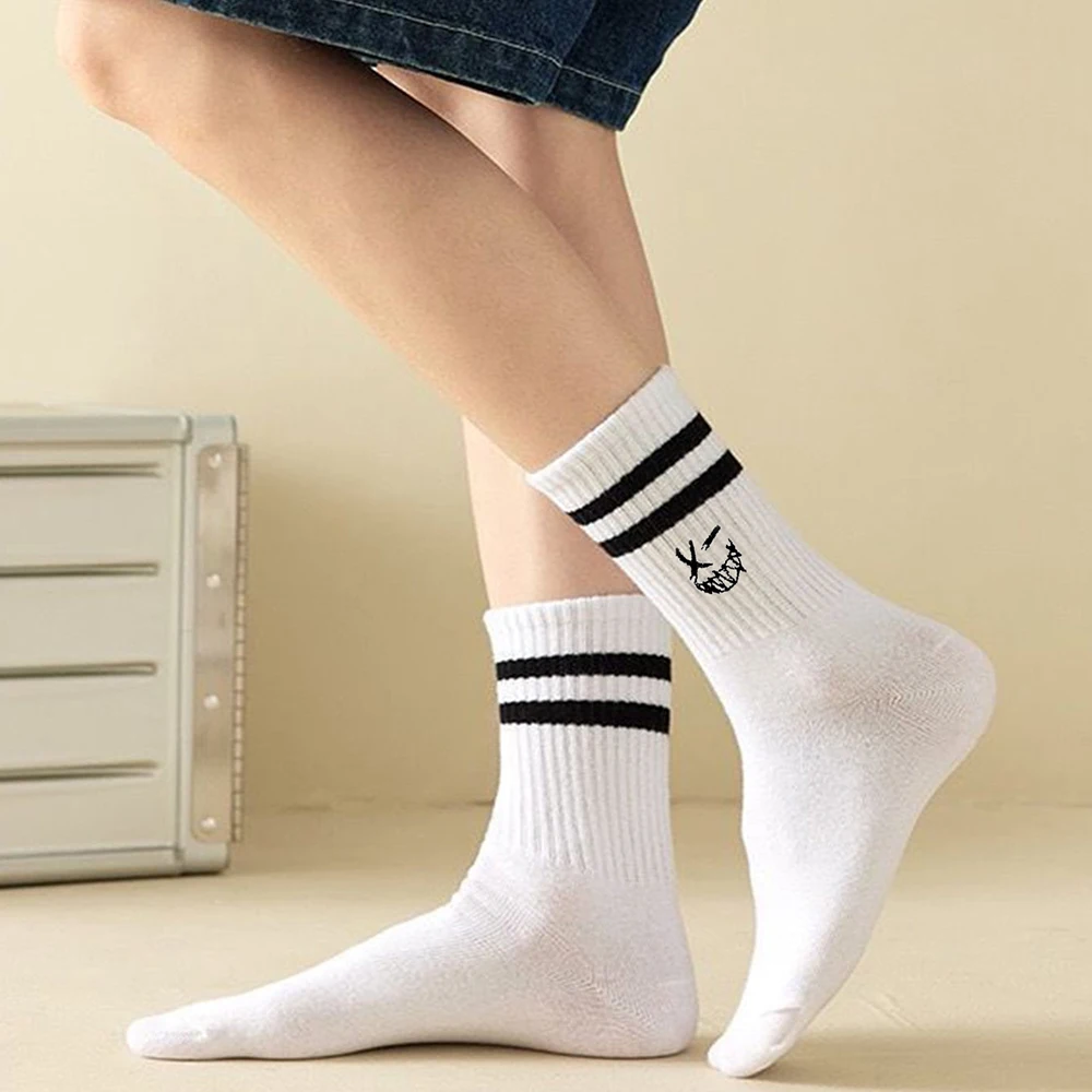 2 Pairs Embroidered Mid Length Socks Men's Parallel Bars Fashionable Mischievous Designsimple Autumn Warm High-quality Boy Socks