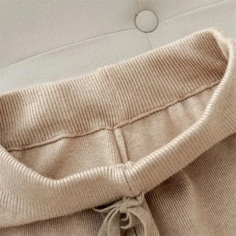 Drawstring Slim Waist Wide Leg Pant High Waist Loose Knitted Casual Pants 2023 Harajuku Solid Color Elegant Straight Pants Women