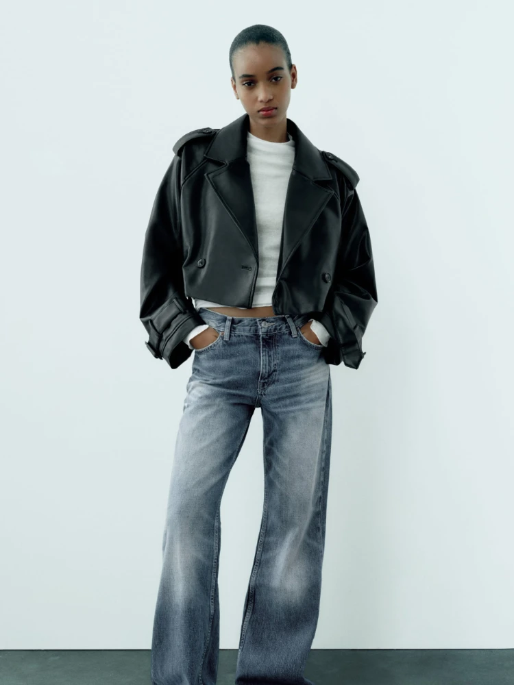 RR3191 Short Oversized Leather new Effect Trench Coats Fake Leather Cropped Short Jackets 2025 Ladies Long Sleeve Loose Women Coa
