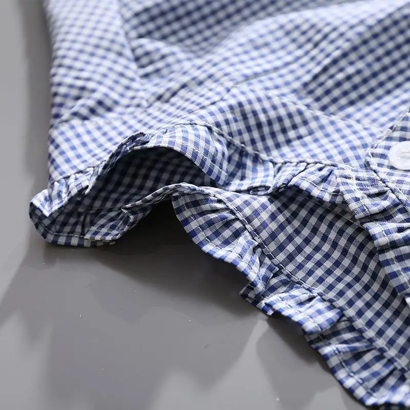 Women's Clothing Spring Summer 2023 Tops Vintage French Lantern Sleeve Elegant and new Youth Woman Blouses Lace 2025 Blue Plaid Shirt