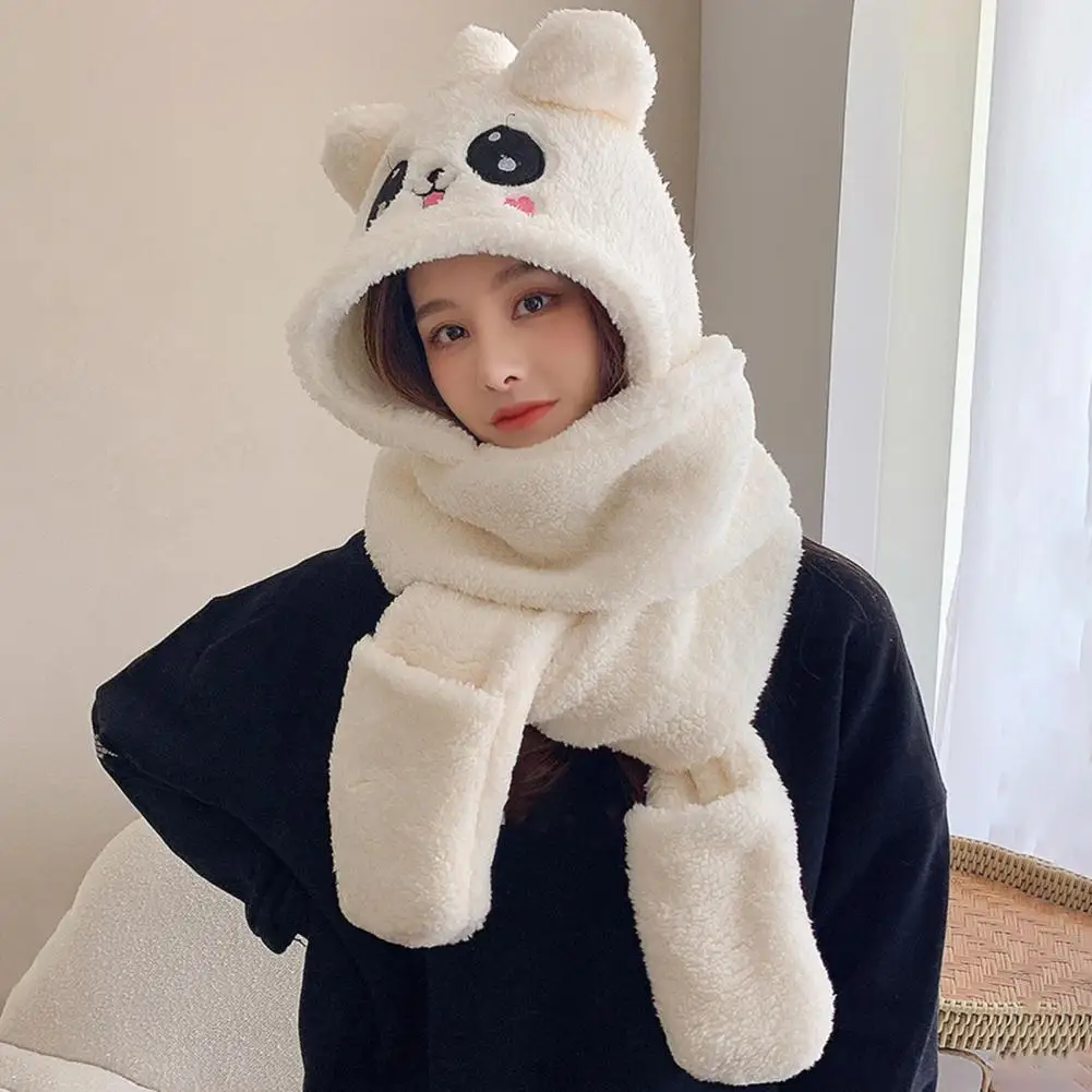 2023 Cute Bear Ear Hat Scarf Gloves Set Winter Women Beanies Caps Warm Casual Plush Hats 2025 new Casual Solid Fleece Girl Kawaii Gloves