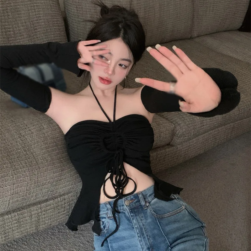 Off new Shoulder Crop 2025 Top For Women Halterneck Slim Fit Sexy Base Shirt Spring Summer