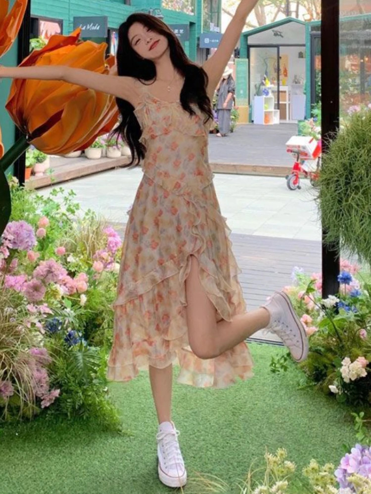 Spaghetti Strap Dresses Women Ruffles Irregular Slit Floral Summer Elegant Korean Style Sexy Thin Sleeveless Midi Sweet Tender 240319