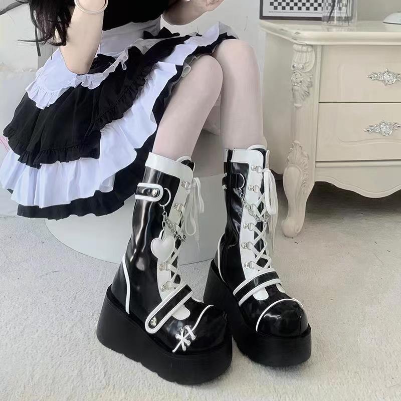 Boots Woman Lolita Shoes Winter 2023 Platform Heels Women's Mid Calf Booties Gothic Pink Cute Chain JK Cosplay Japanese Style