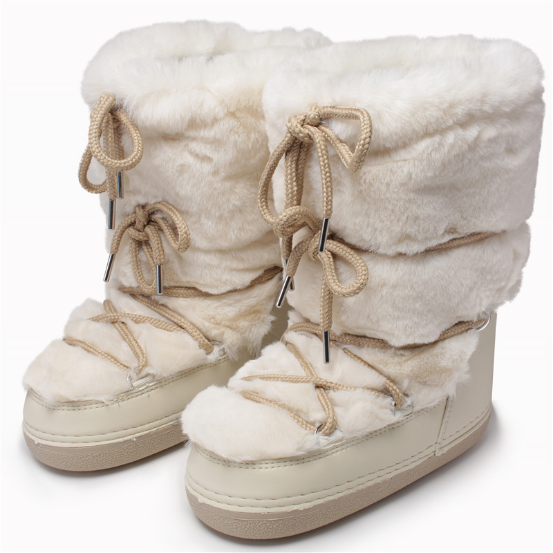 2025 Winter Fur Snow Women Ski Fluffy Hairy Lace Up Middle Calf Platform Flat With White Cotton Boots dh911068014