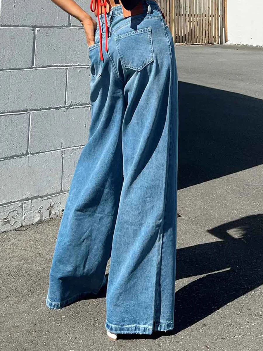 new Women Denim Pants Loose Stretchy 2025 Casual Solid Color Wide Leg Jeans Trousers with Pockets Streetwear