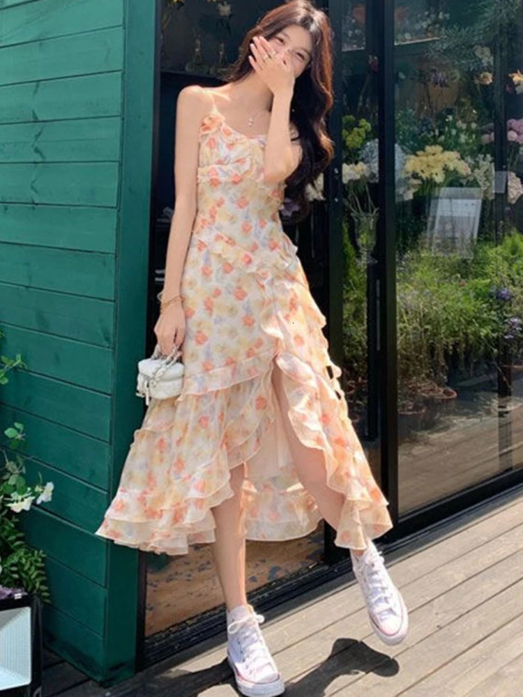 Spaghetti Strap Dresses Women Ruffles Irregular Slit Floral Summer Elegant Korean Style Sexy Thin Sleeveless Midi Sweet Tender 240319