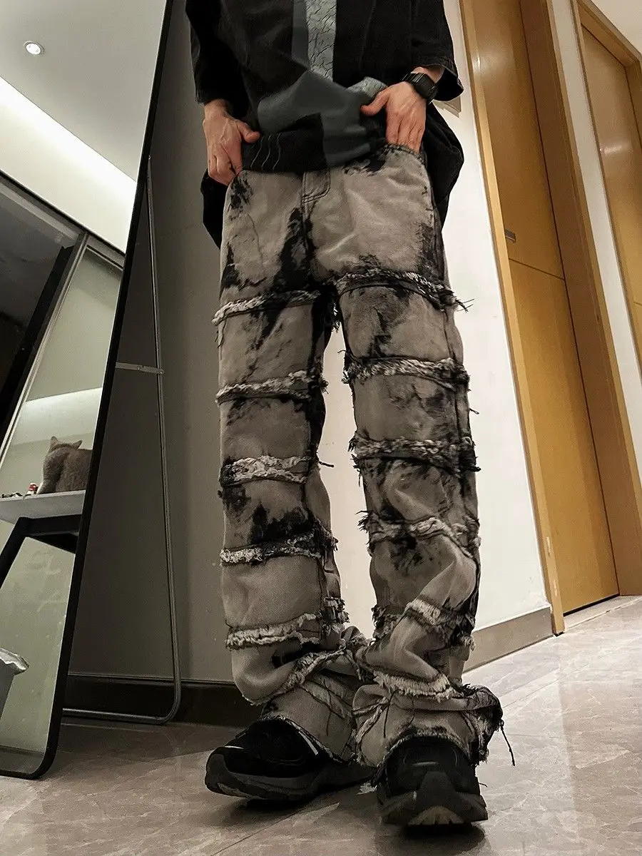 Street Goth Tie Dye Personalized Straight Jeans Men's Trendy Hip Hop Loose Casual Trousers Streetwear Rapper Style Pants