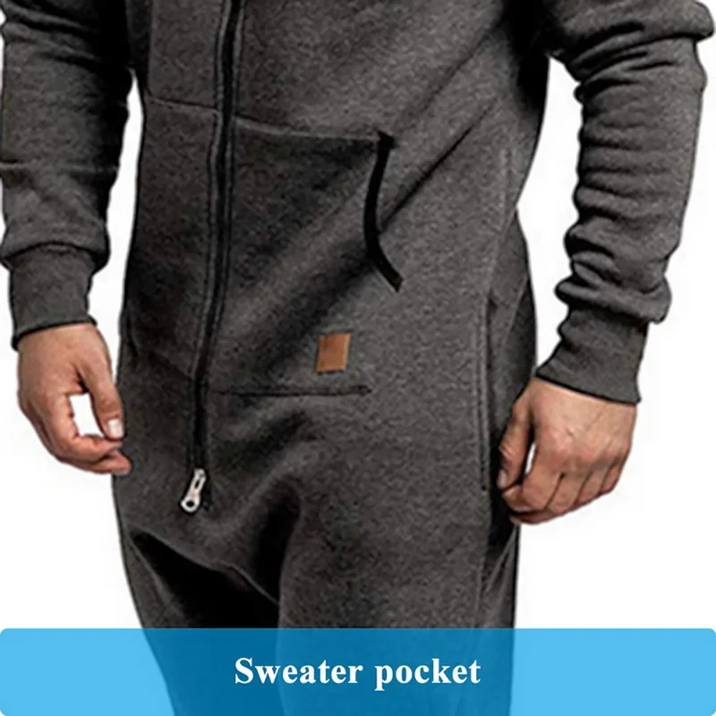 2023 Men Onesie Jumpsuit Autumn Winter Male Homewear Hooded Long Sleeve Sweatpants Splicing Casual Hoodie Male Zipper Jumpsuit