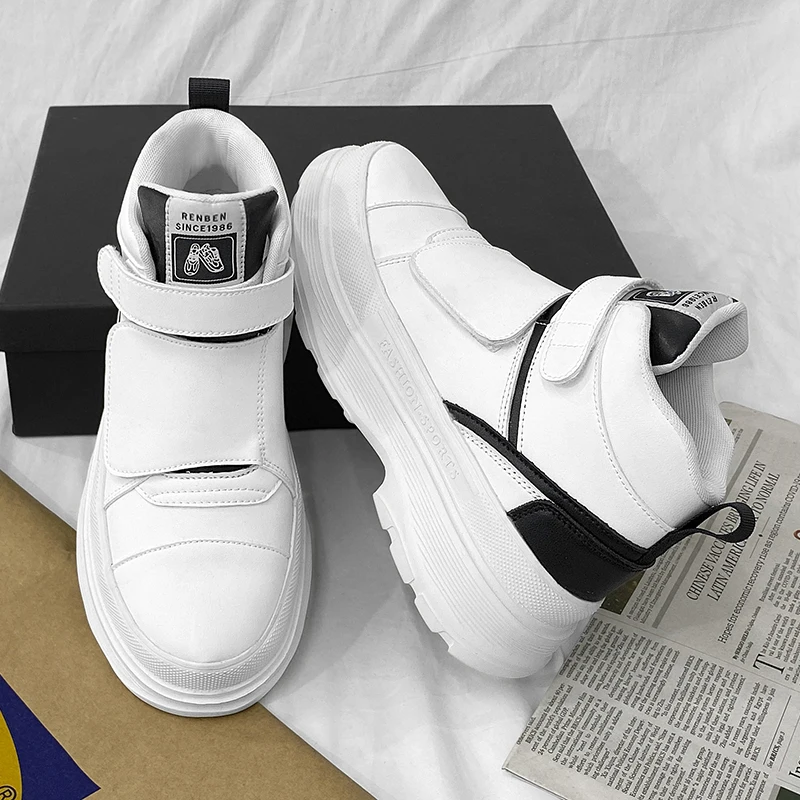 Autumn Men Casual Sneakers Leather new Chunky Platform High-top Shoes Ankle 2025 Boots Magic Tape Sneakers Male Breathable Sport Shoes 44