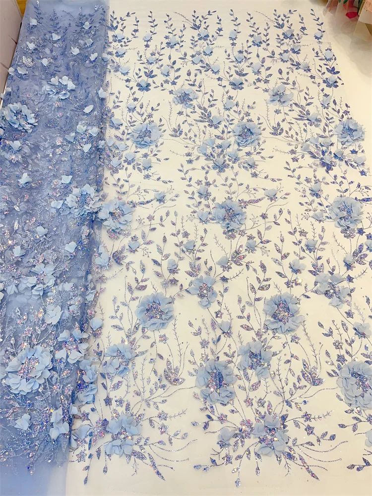African Glue Sequins Tulle Lace Fabric French High Quality 3d Embroidery 5 Yards Nigerian Lace Fabrics For Party Dress