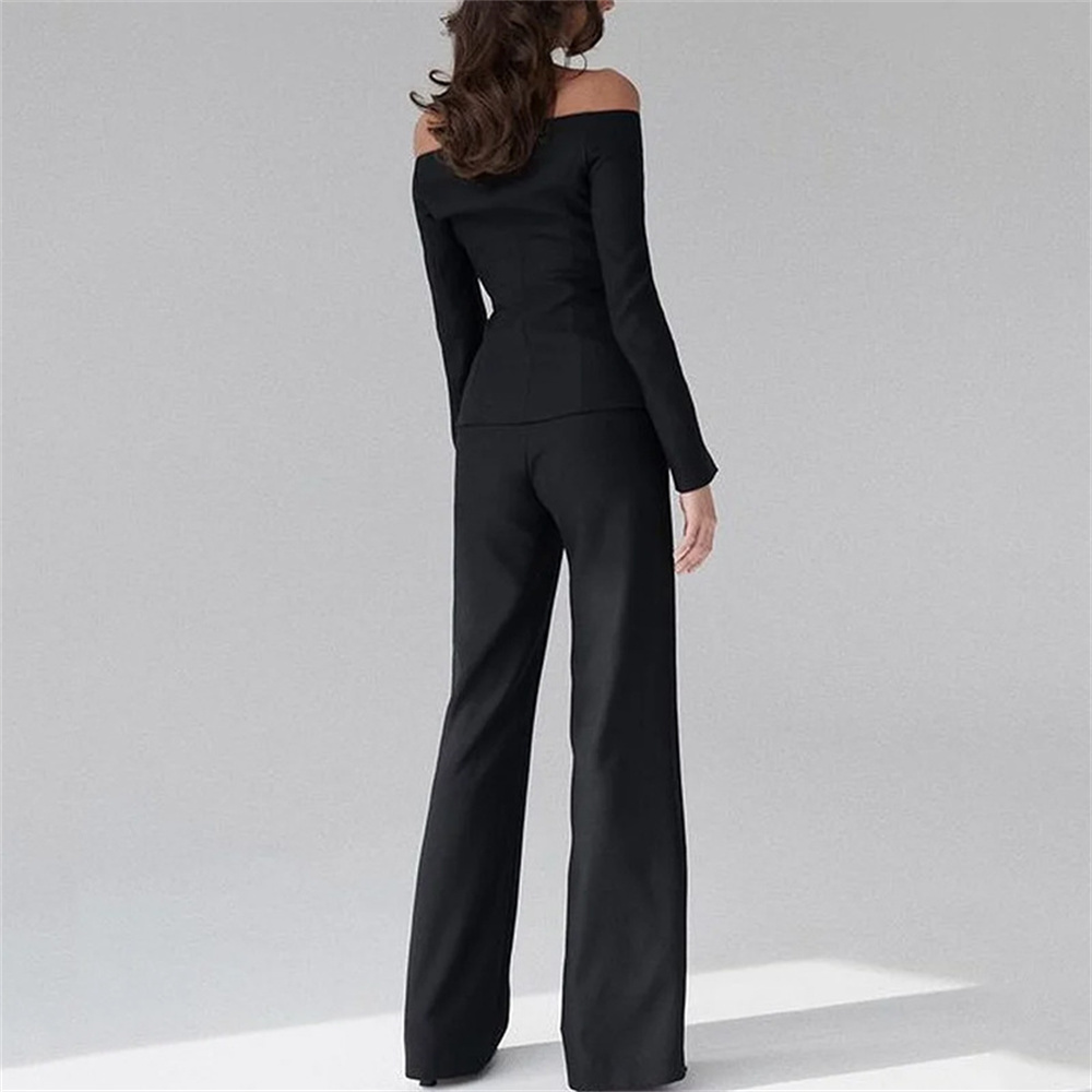 Women Black Off Shoulder Long Sleeve Blazer Long Pants Set Autumn Office Lady Elegant Single Breasted Coat Flare Pants Suit