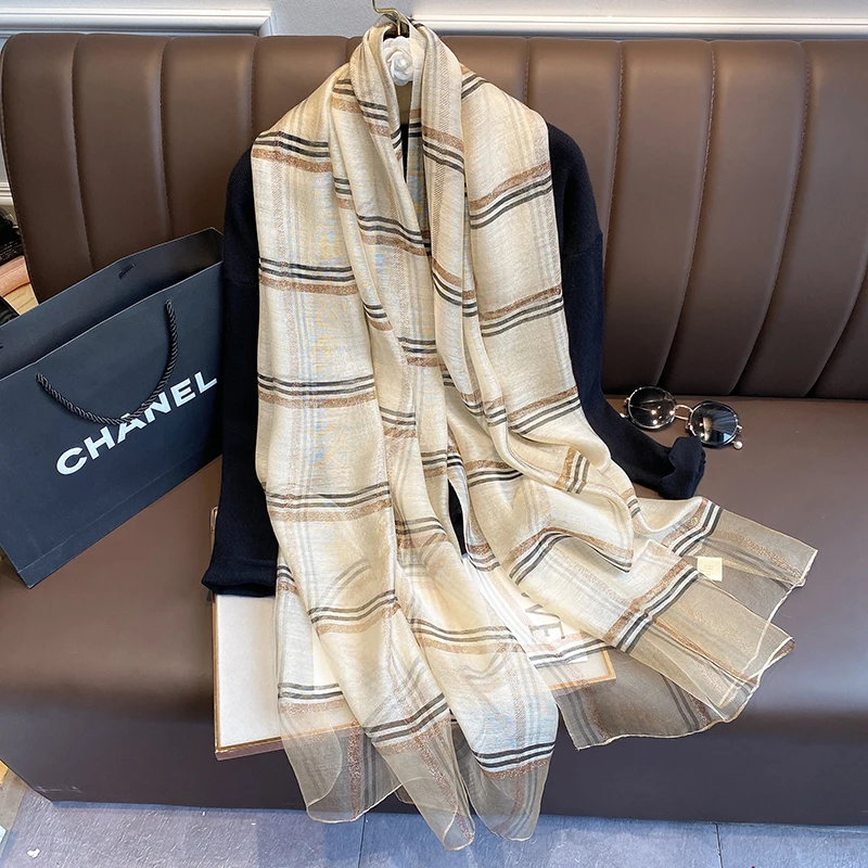 2023 new Silk Wool Scarf Women Plaid Long Foulard Female Glitter Shawl Wrap for Ladies Hijab Spring Winter Thin 2025 Warm Scarves