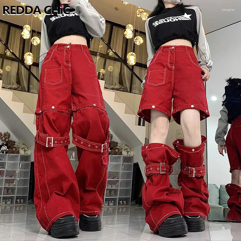 Womens Jeans REDDACHiC White Seam Deconstructed Cargo Pants Y2k Red Low Rise Baggy Wide Leg Jorts Shorts Warmers Women 2-piece Set Z260313