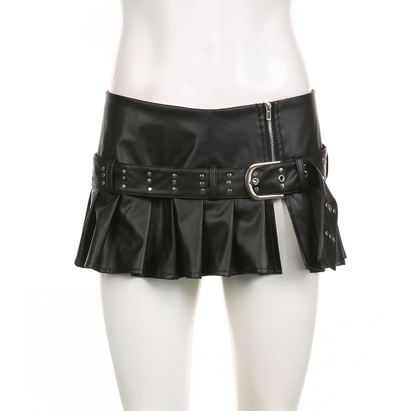 SUCHCUTE Rivet Belt Gothic Punk Leather Mini Skirt Women Low Rise Zipper Streetwear Emo Summer Slit Pleated Skirt Dark Academia