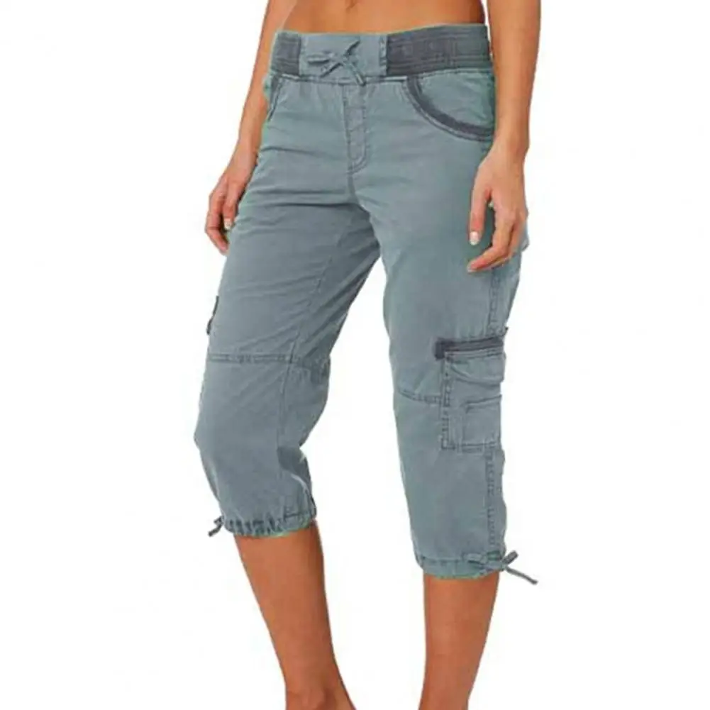 2023 Summer Ladies 2025 Stretch Pants Solid Color Mid-calf Length Flap Pockets Waist Cropped new Pants Female Casual Clothing