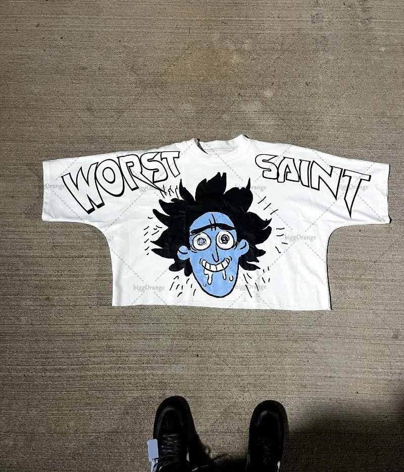 European and American Street Harajuku Punk Loose Top Men Y2k Trendy Cartoon Printed Tshirt Retro Casual Oversized Short Sleeves 240315