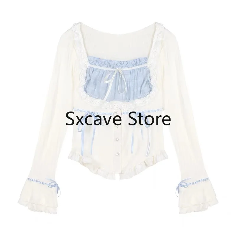 Kawaii Clothing 2 Piece Skirts Sets 2023 Autumn Casuall Japanese Style Y2k Crop Tops Blouse + Mini Skirts Vintage Lolita Suits