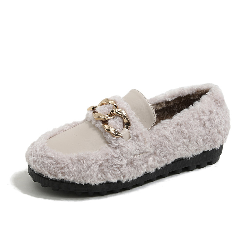 2025 new a4efc winter fur new moccasins brand metal chains decoration leather patchwork furry flats 43plus size warm plush sneakers women ry
