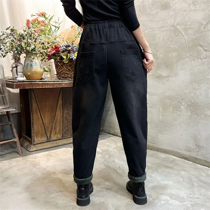 Vintage Embroided Plush Velvet Lined Baggy Jeans Women Winter Thicken Harem Denim Pants Streetwear Warm Ankle-length Vaqueros