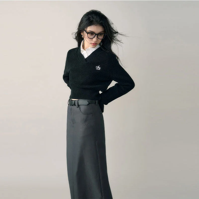 new Deeptown Haruku Basic Black Cropped Sweater Women 2025 Vintage Korean Style Slim Gray Long Sleeve Knit Jumper Female Preppy Fashion