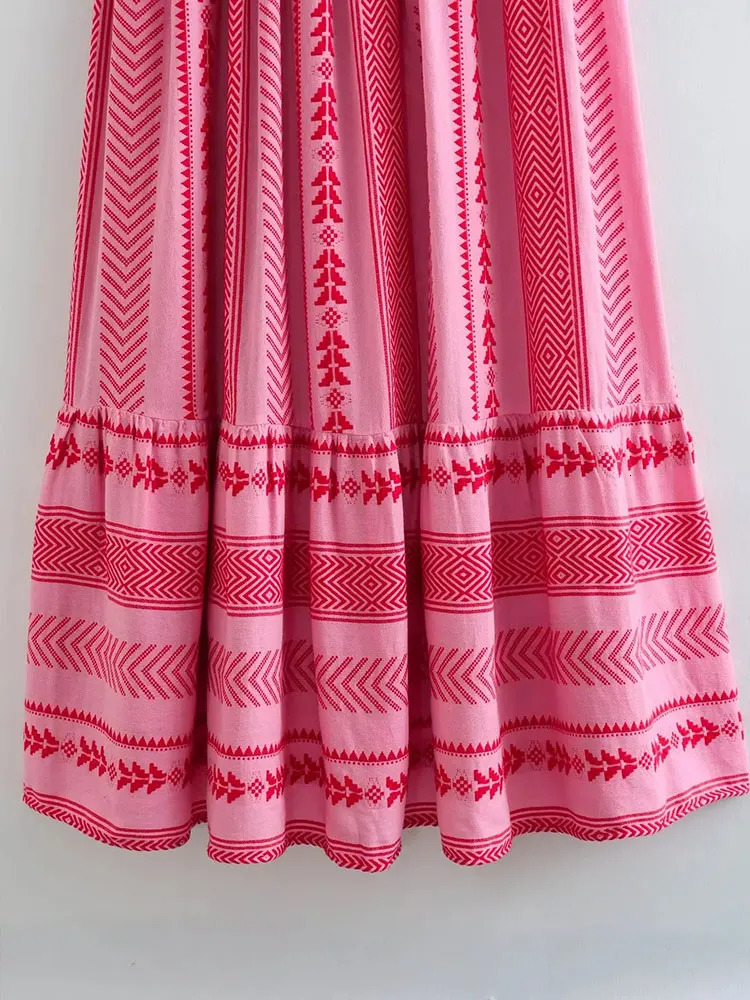 Nlzgmsj TRAF - Women Bohemian Midi Dress Vacation Charm Splice Knitted Vintage Strap Dress Women Vestidos Mujer 240319