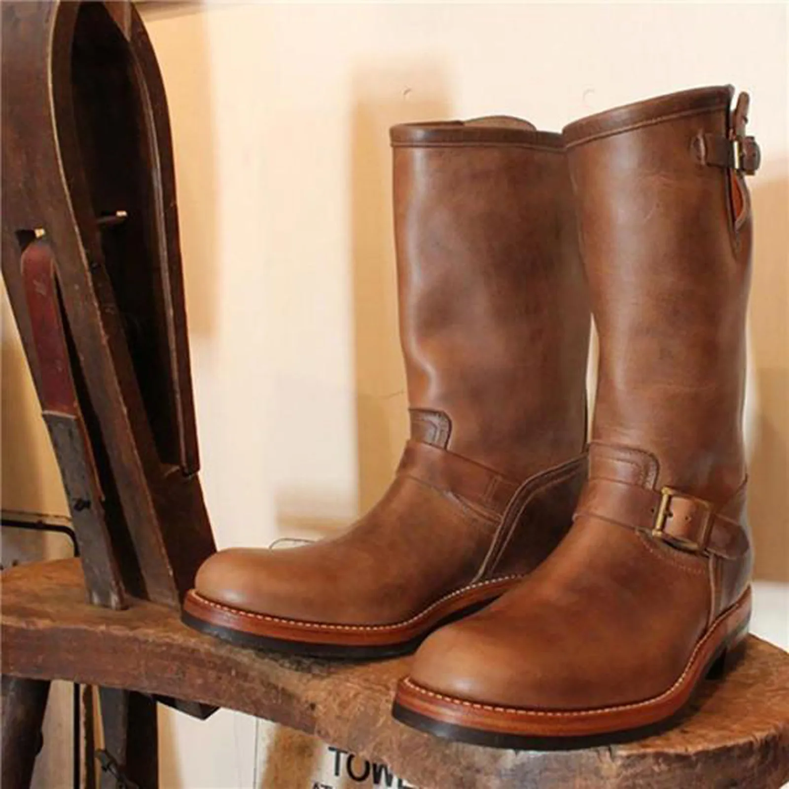 Men's Leather Buckle Chelsea Boots Men's Boots Black Western Cowboy Boot Zipper Vintage Brown Motorcycle Leather Boots