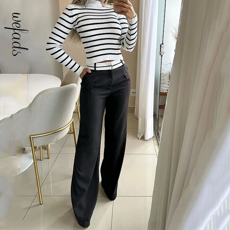 Wefads Women Two Piece Set Winter Office Casual Striped Printed Crew Long Sleeve Slim Sweater Top Loose With Pockets Pants Sets