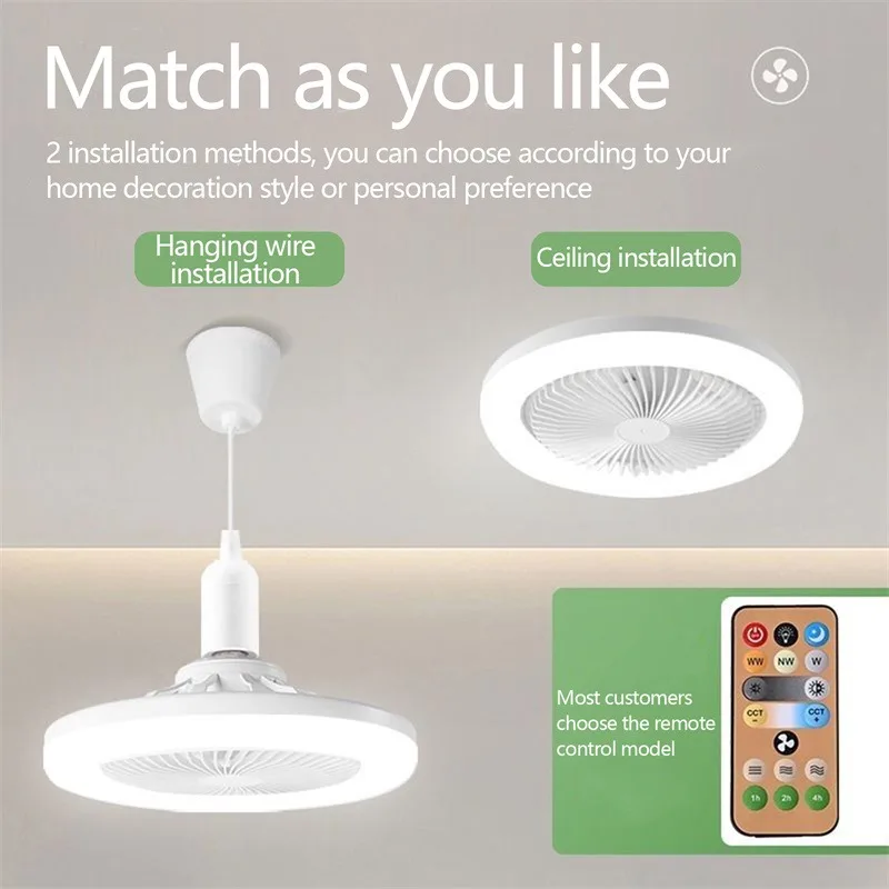 E27 Ceiling Fan with Lights LED Fan Light Ceiling Light with Fan Electric Fan with Remote Control for Bedroom Living Room Decor