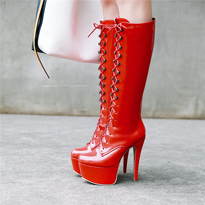 Knee Red Boots Women Platform Sexy High Heels Winter Shoe Lace-up Black White Women's Long Boot Fetish Shoes Large Size 48 9826 's s