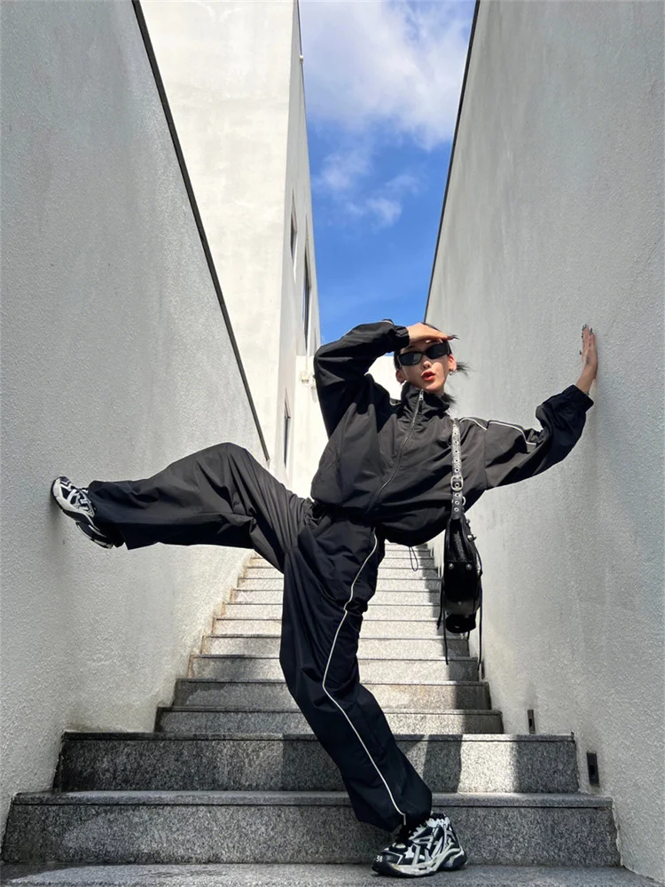 90s Vintage Black Pants Sets Women Y2K Street Zip Up Jacket Loose Wide Leg Track Trousers Gorpcore 2 Piece Set Jogging Tracksuit