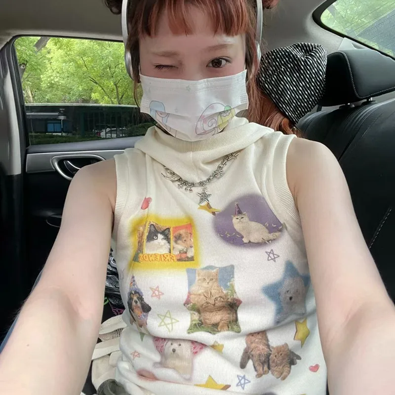 Karrram Y2k Aesthetics Tank Tops Japanese Haruku 2025 Cute Top 2000s Kawaii new Cat Print Tanktop Fairycore Ribbed Hooded Tops E-girl