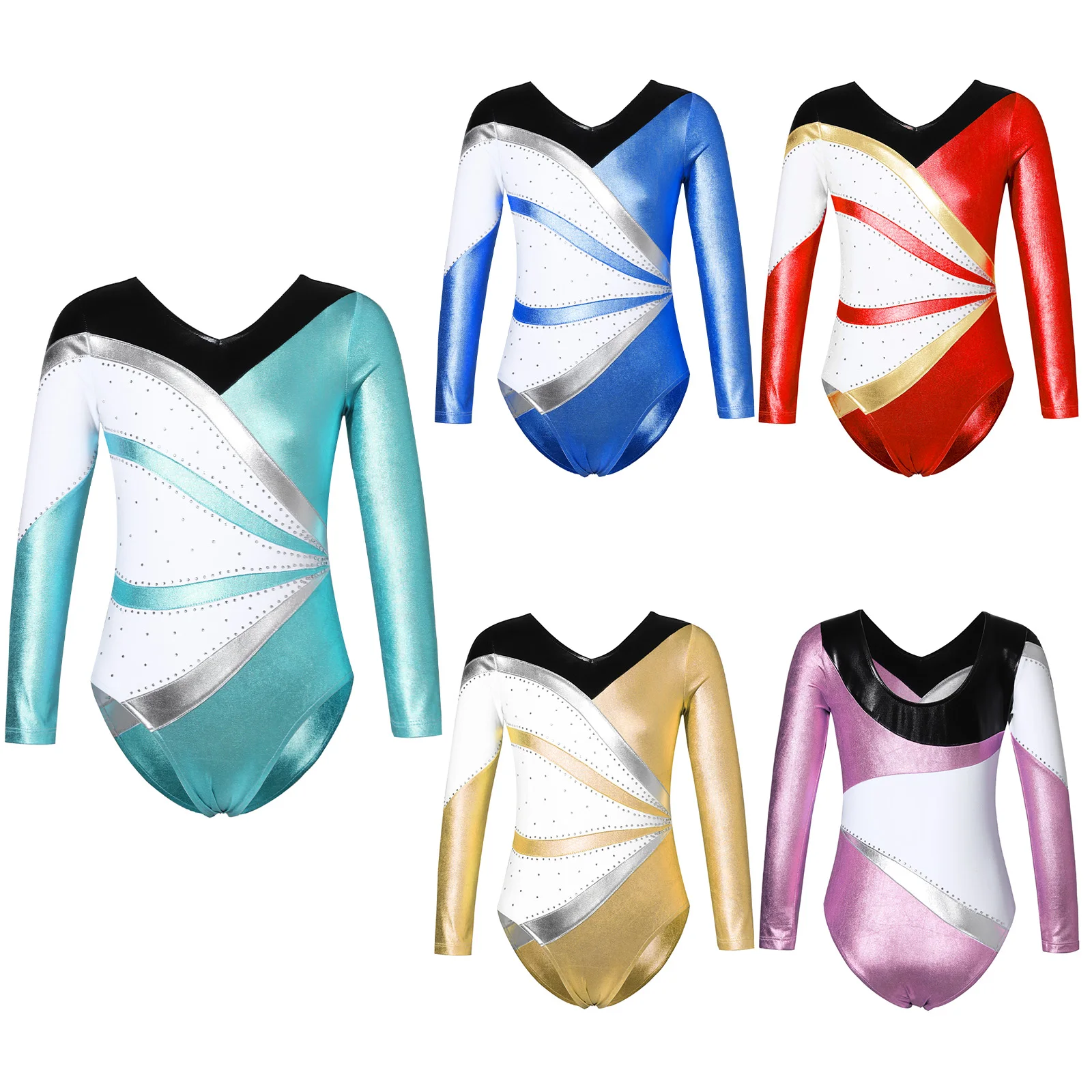 Gymnastics Jumpsuit for Girl Kids Long Sleeve Metallic Ballet Tutu 2025 Dance Leotard Children Shiny new Rhinestone Ice Skating Bodysuit