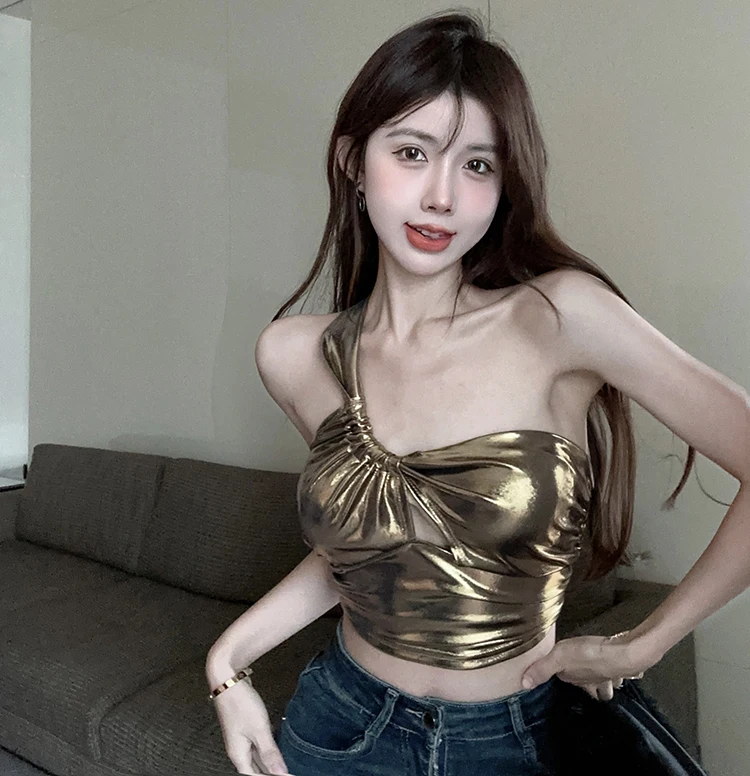 Summer Gold Satin Camisole Crop 2025 Top Women Single Strap Stretchy Tank Tops new Girls Irregular Tube