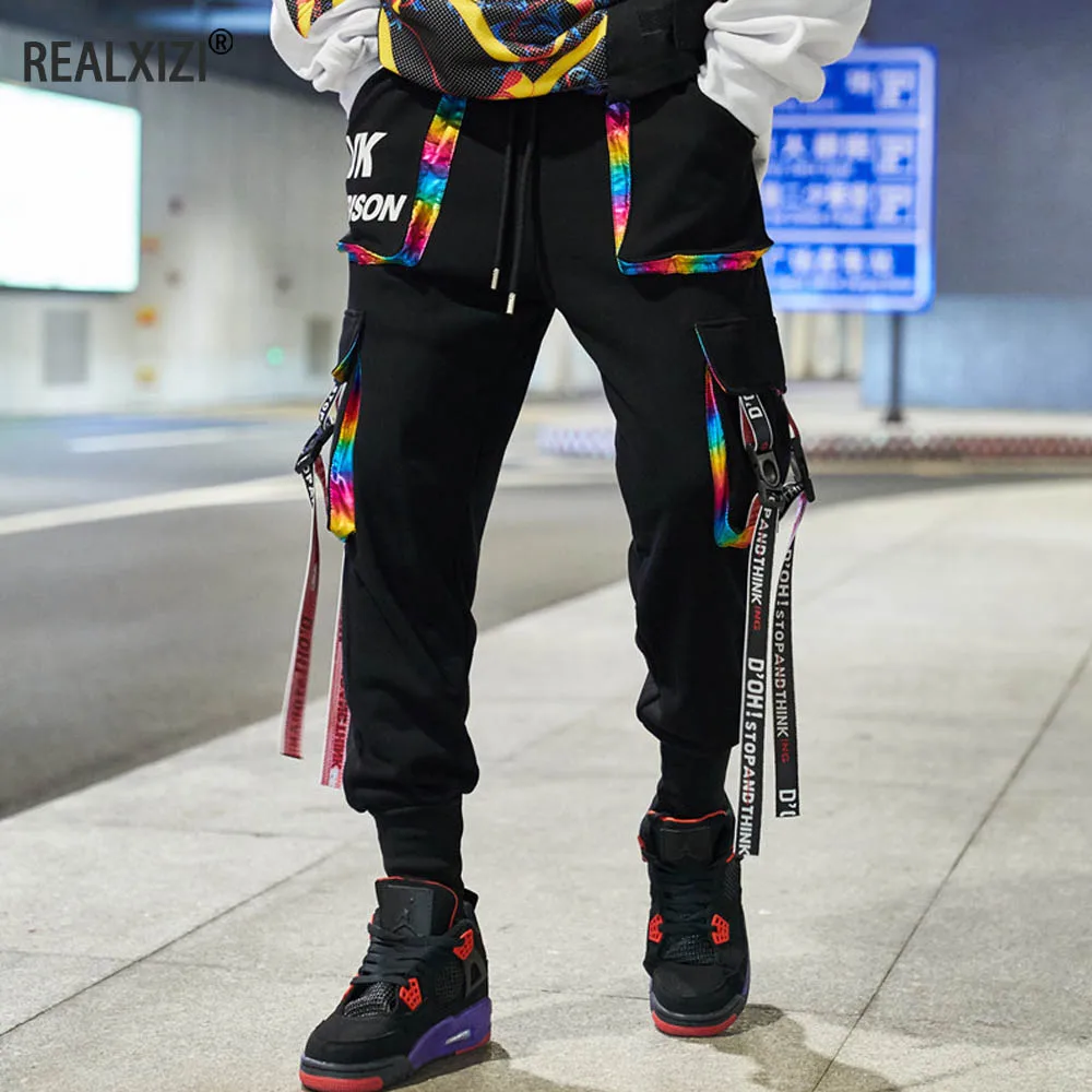 Hit Color Cargo Pants Men's Joggers Trousers Letter new Ribbons Pocket Hip Hop 2025 Streetwear Women Casual Punk Harem Pant Sweatpants