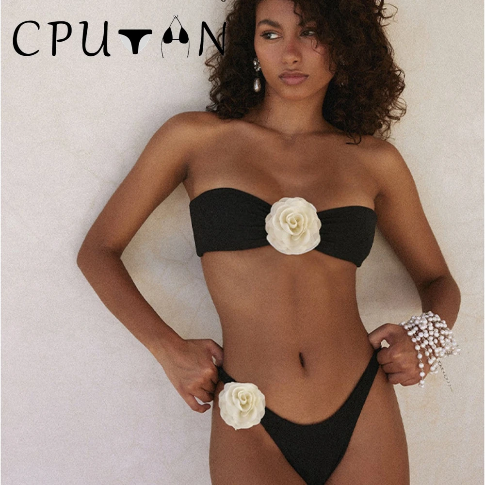 CPUTAN 2024 Sexy White 3D Flower Solid Two Piece Push Up Bikini Set Luxury Swimwear Women Swimsuit Beachwear Summer Bathing Suit