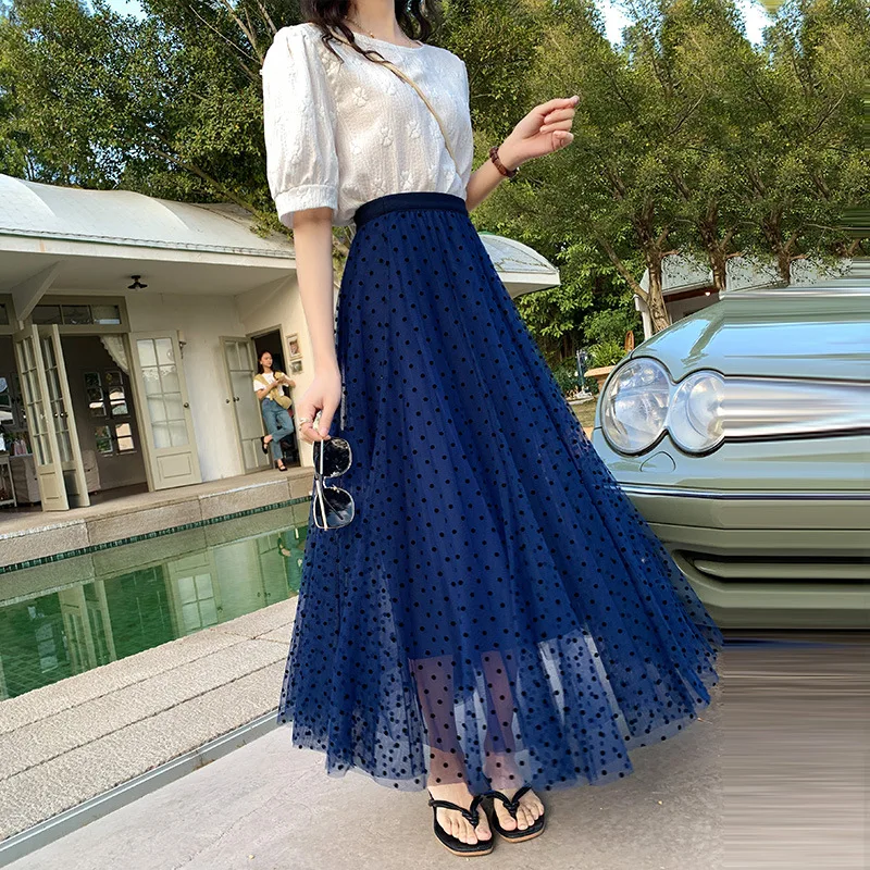 Qooth Women Polka Dot Mesh Skirt Elegant High Waist Long Tulle A-line Skirt For Autumn QT2078