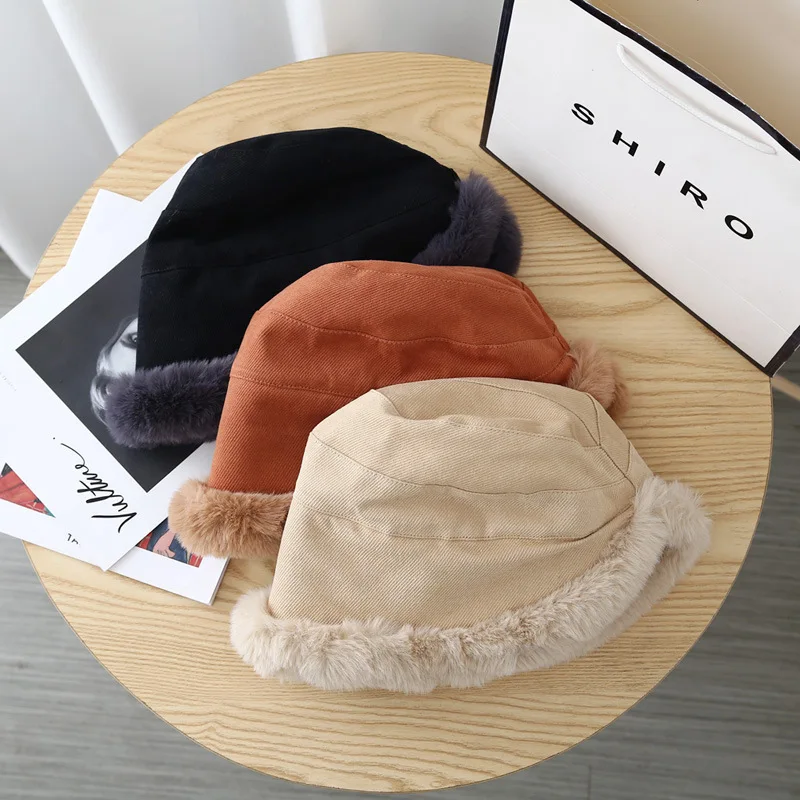 Winter Women Fisherman Cap Thick Fluffy Fur Panama Basin Cap Solid Color Plush Bucket Hat Windproof Warm Female Bonnet Visors