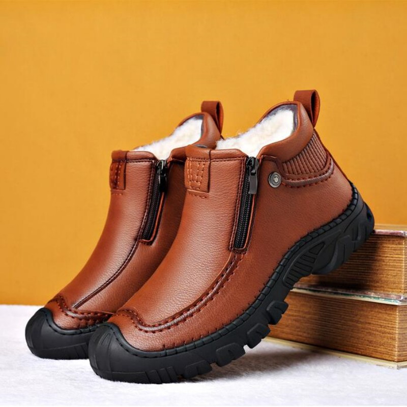 Winter Men Boots Thick Plush Warm Snow Boots Leather Zipper Men's Ankle Boots Platform Non-slip Waterproof Mens Hiking Shoes
