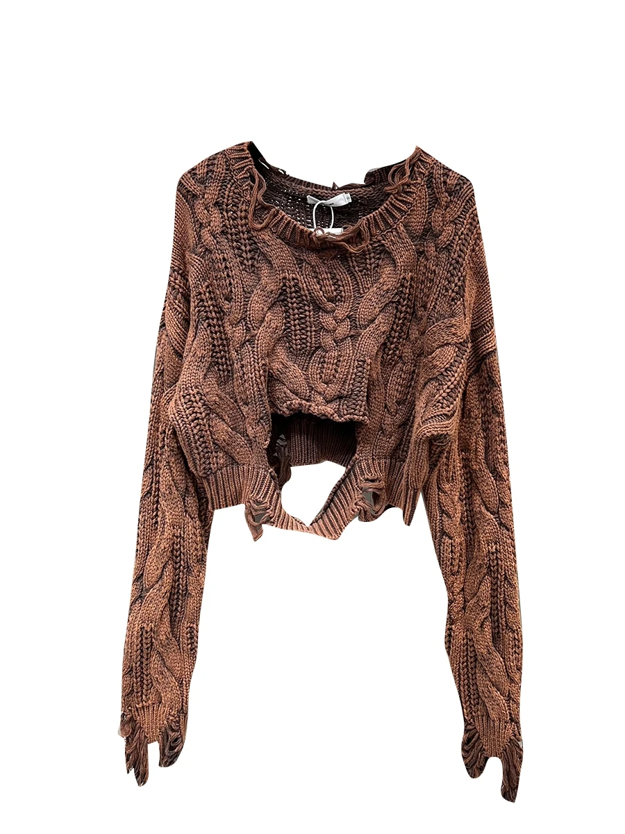 PREPOMP 2023 Autumn New Arrival Long Sleeve Round Neck Ripped Holes Loose Sweater Women Brown Knitting Pullover GL760